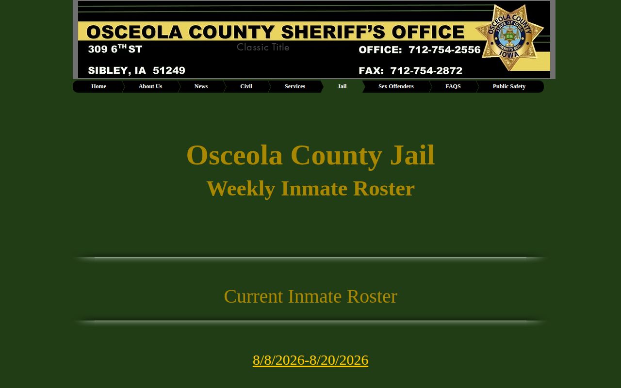 Osceola County Jail period roster record landing page