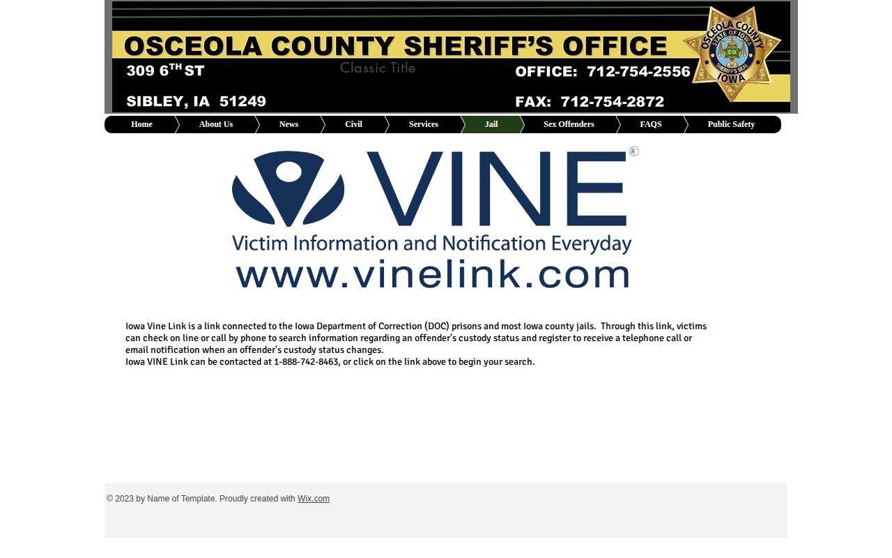 Osceola County custody status and IowaVINE alert record page