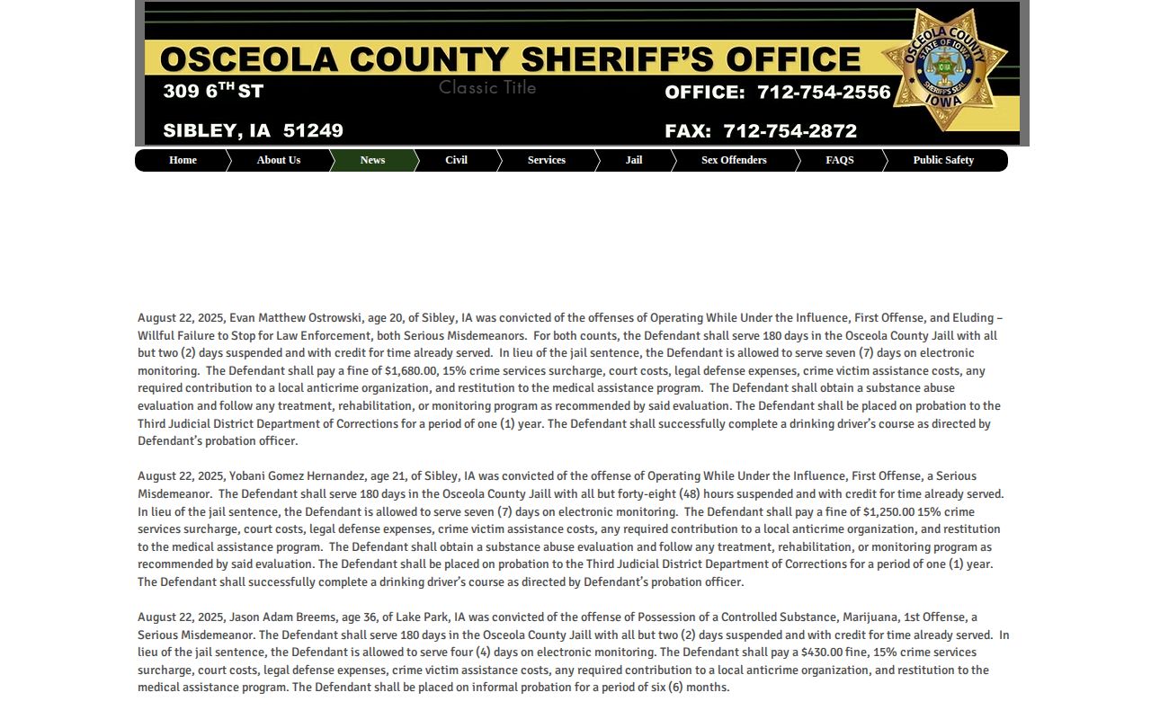 Osceola County arrest press releases and court outcome records